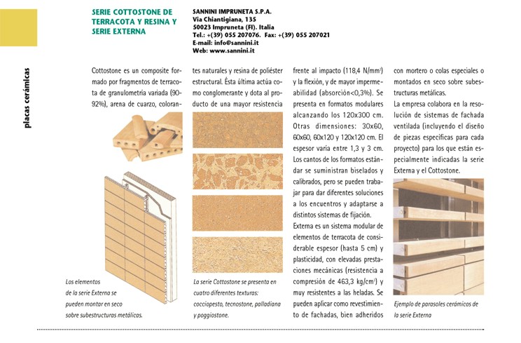 Ficha tipo: piezas cerámicas: Serie Cottostone de terracota y resina y Serie Externa, de la empresa Sannini Impruneta S.P.A.
