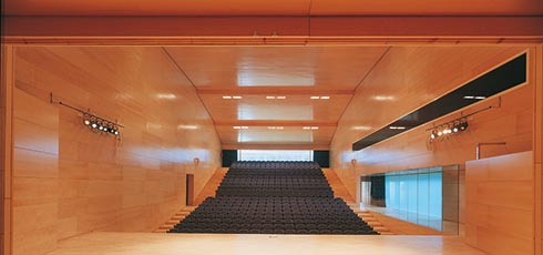 El paño de vidrio que cierra el acceso lateral y define el espacio de la sala, actúa como un elemento reflector del sonido.