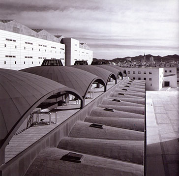 Las cinco cúpulas vaídas de acero cortén que protegen las instalaciones de los quirófanos en el hospital de Manacor.