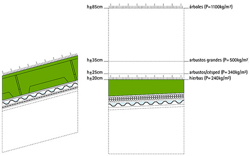  Esquema de cubierta vegetal inclinada. A la derecha, esquema de cubierta vegetal intensiva.