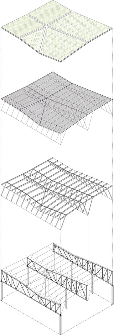  El plano de cubierta se descompone siguiendo una geometría de facetas triangulares de pendiente constante.