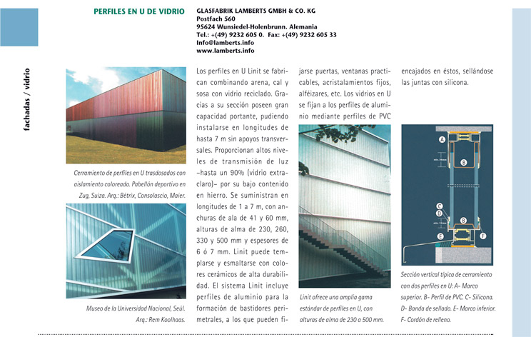 Ficha tipo. Fachadas / vidrio: Perfiles en U de vidrio de Glasfabrick Lamberts GmbH & Co. KG