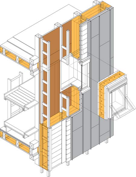 Axonometría constructiva de la fachada del refugio.