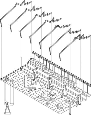  Etapas de le ejecución del aulario: hormigonado, montaje de la estructura metálica de cubierta y colocación posterior de los trípodes metálicos a la vez que se desapuntala el forjado.