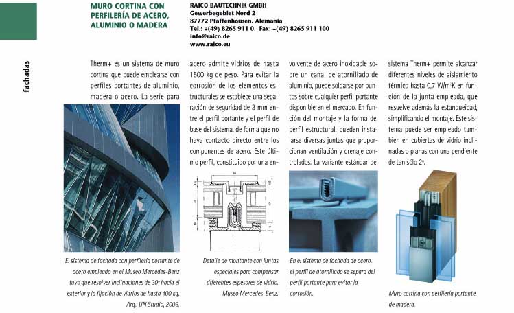 Ficha tipo: Muro cortina con perfilería de acero, aluminio o madera de Raico Bautechnik GmbH