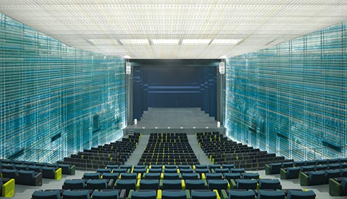  El interior del auditorio constituye un universo vibrante y marino, como si se estuviera por debajo del nivel del agua.