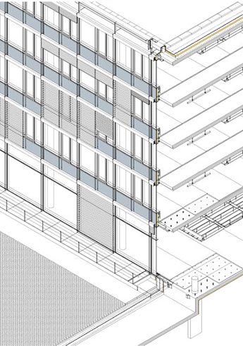  La fachada se organiza como una piel de lamas de aluminio superpuesta a una piel de vidrio.