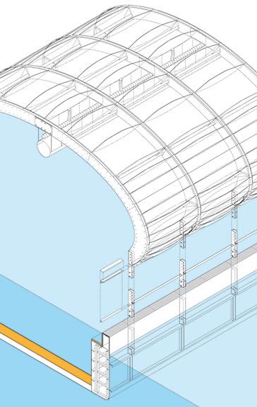   Los arcos de la estructura de madera se fijan al lateral de la gabarra mediante unas piezas de acero atornilladas, cuya unión queda sumergida y por tanto invisible en verano.