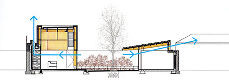  Tanto la circulación de aire transversal como la longitudinal cuentan con el patio como elementos de apoyo para refrescar el interior de los dos edificios.